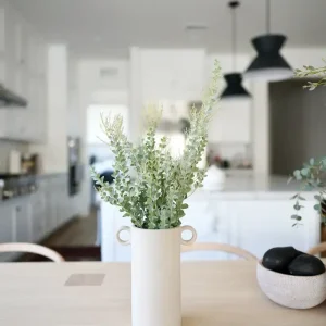 Close-up di un vaso con piante verdi sul tavolo della cucina moderno per home staging economico.