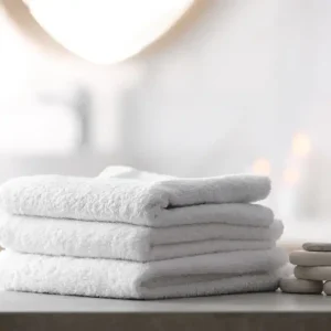 Piegatura di asciugamani bianchi puliti con pietre da massaggio, home staging bagno.