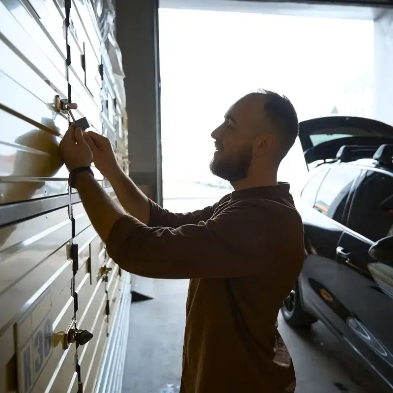 Uomo sistema ganci su una parete attrezzata del garage